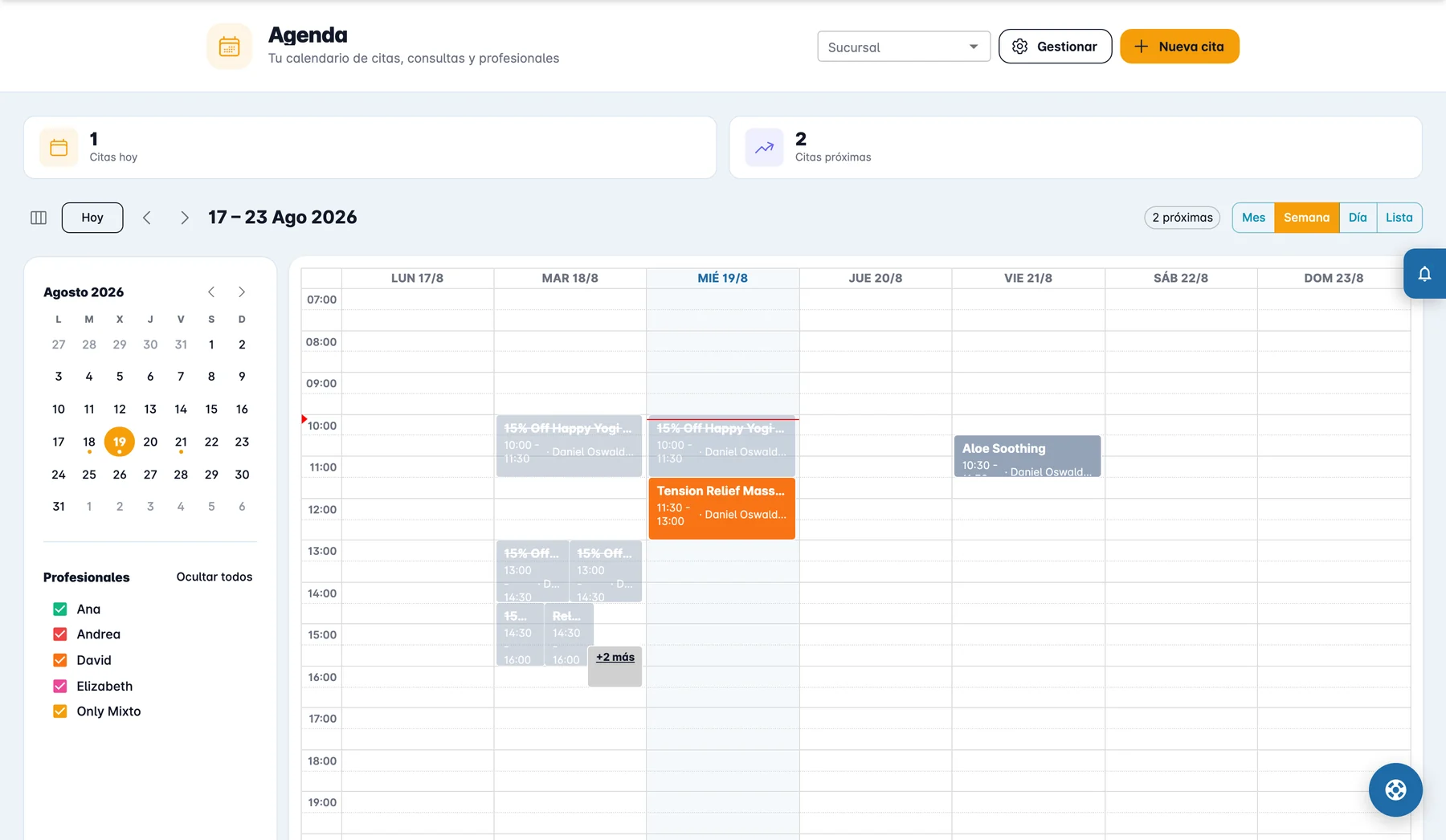 Quetzalty — Agenda y citas por profesional y sucursal