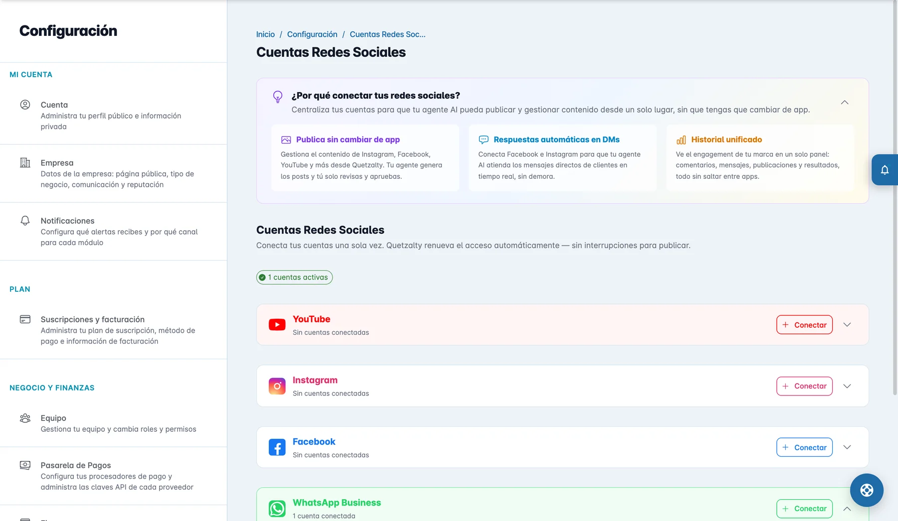 Quetzalty — Conexión de WhatsApp Business, Instagram, Facebook y YouTube
