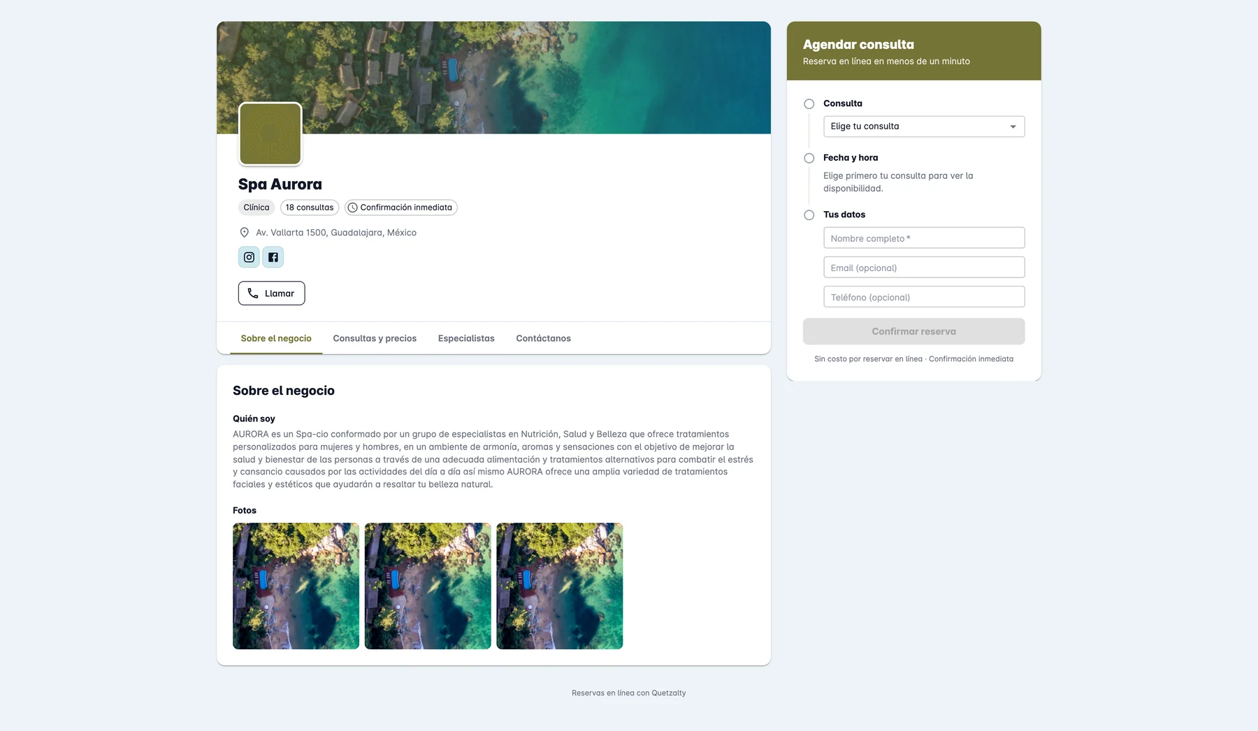 Quetzalty — La página pública de reservas de un negocio: servicios con precio, especialistas, fotos y el formulario para agendar